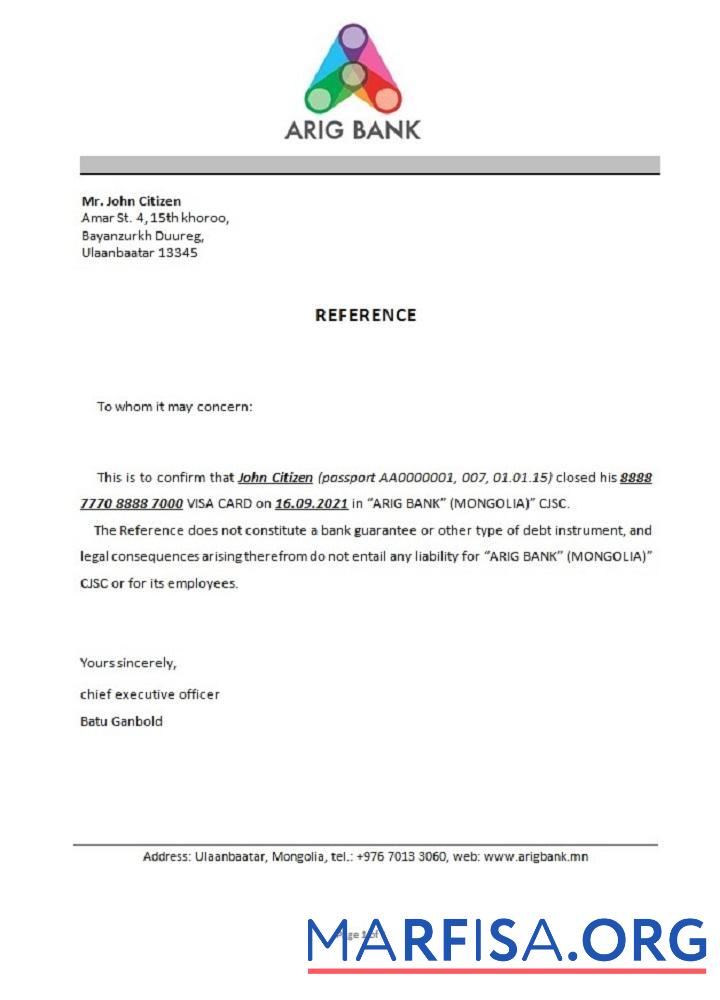 Realistic Mongolia Arig bank closure reference sample